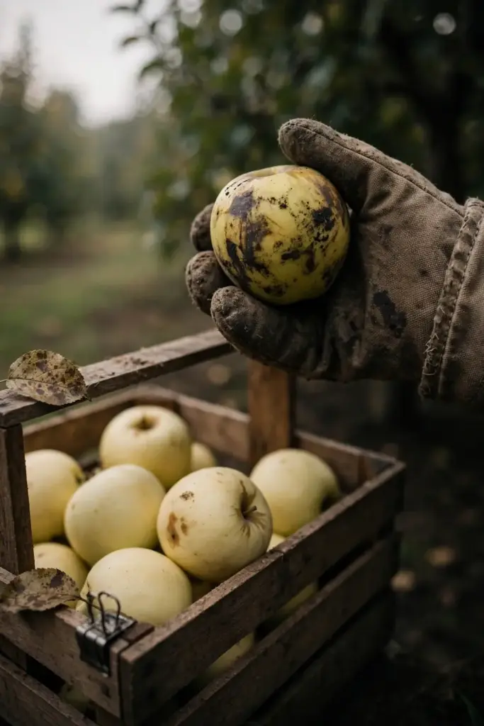 Marked apple held in a worn garden mitt above a crate of clean apples.