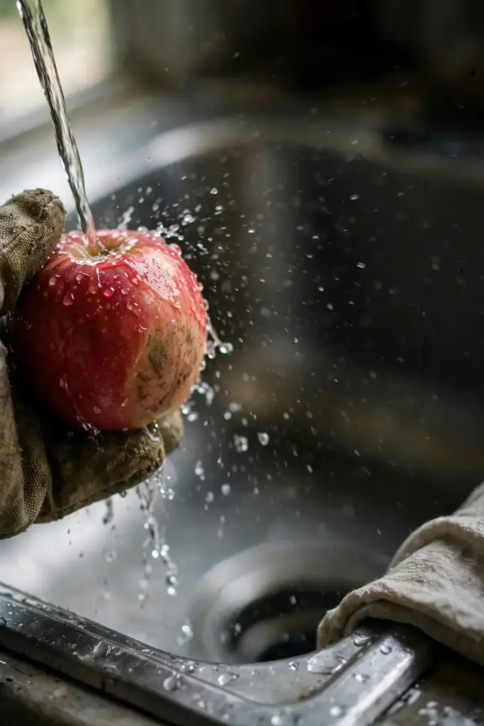 Apple rubbed clean under running water in a worn garden mitt.