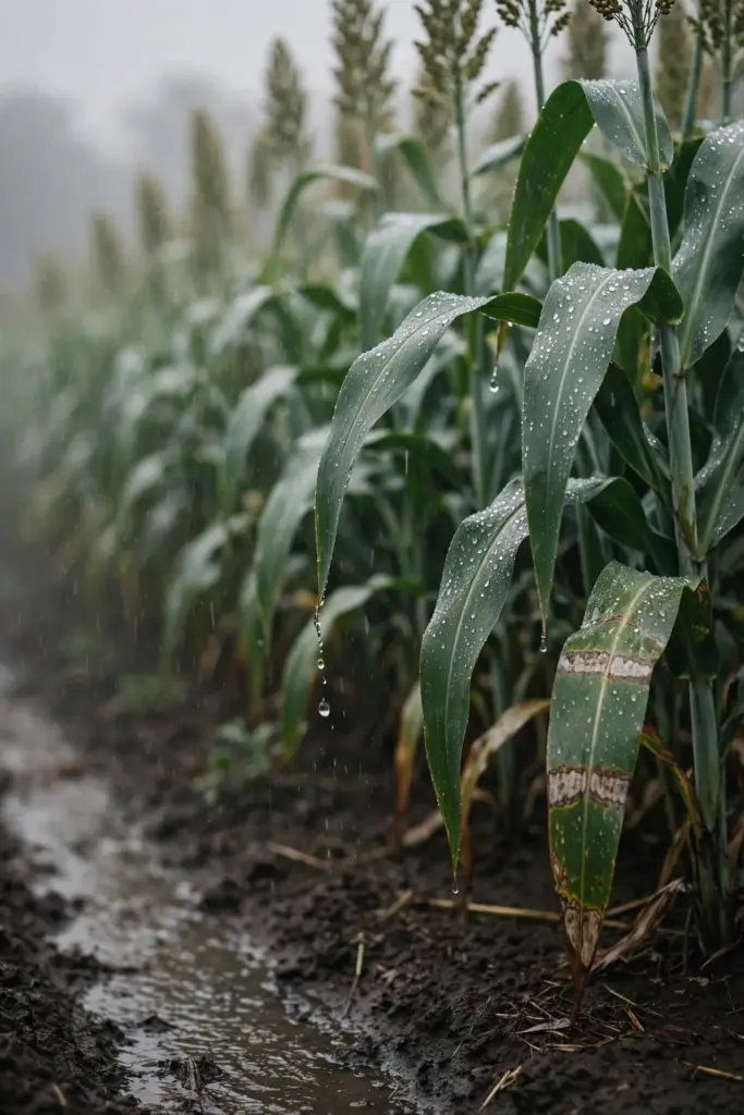 Rain droplets beading on a sorghum canopy with banded lower leaves.