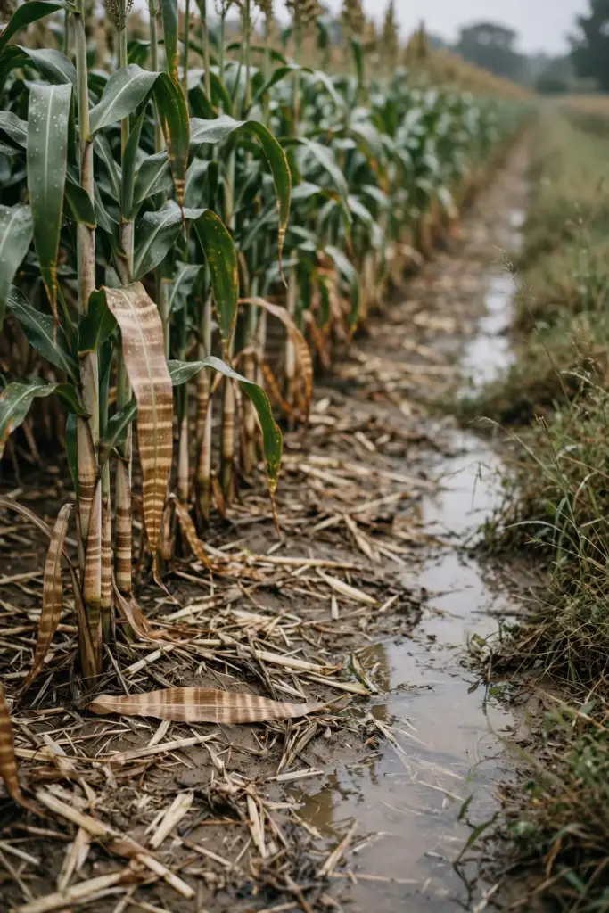 Sorghum field after wet weather with residue on the soil and a weedy grass edge.