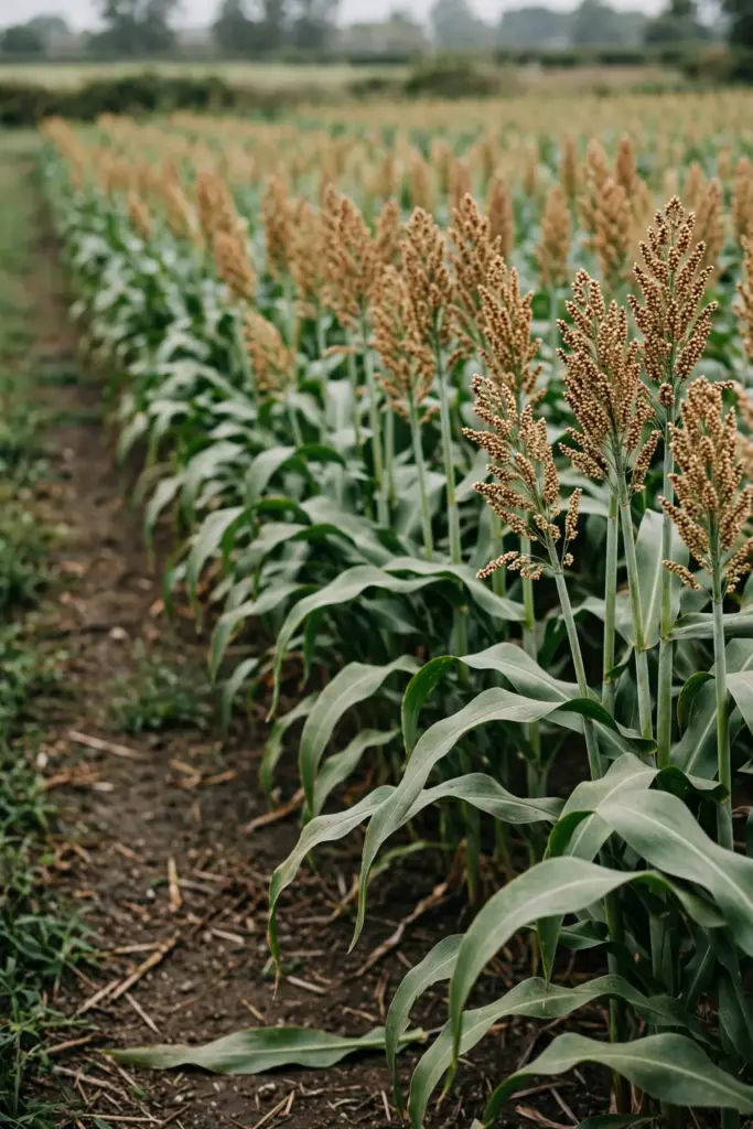 Healthy grain sorghum field with sound leaves and full grain heads.