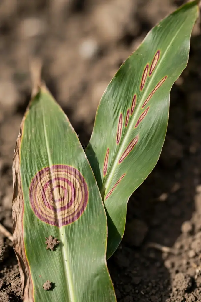 Two sorghum leaves side by side, one with ringed zonate lesions, one with midrib lesions.
