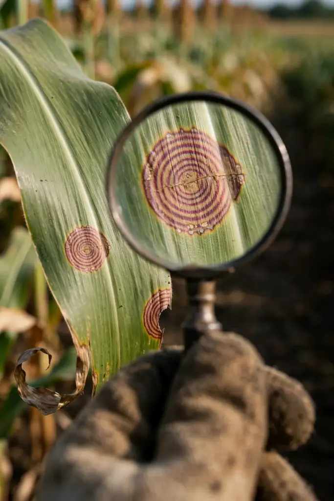 Magnifying glass enlarging a banded zonate lesion on a sorghum leaf.