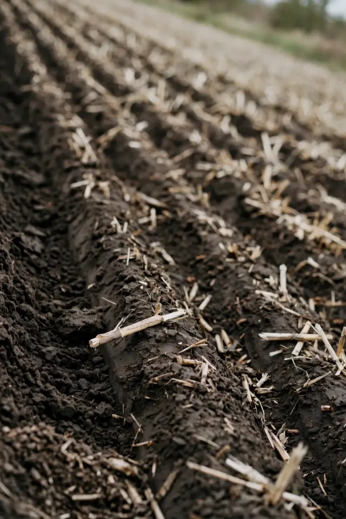 Plowed field with chopped sorghum residue half buried in the furrows.