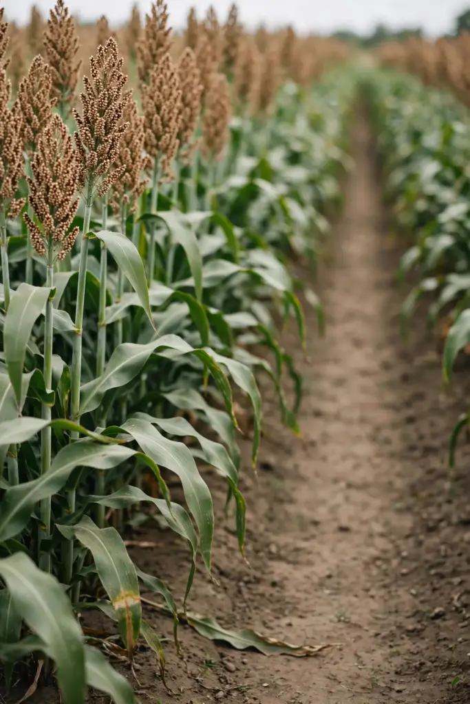 Tall sorghum rows with mostly sound lower leaves and grain heads above.