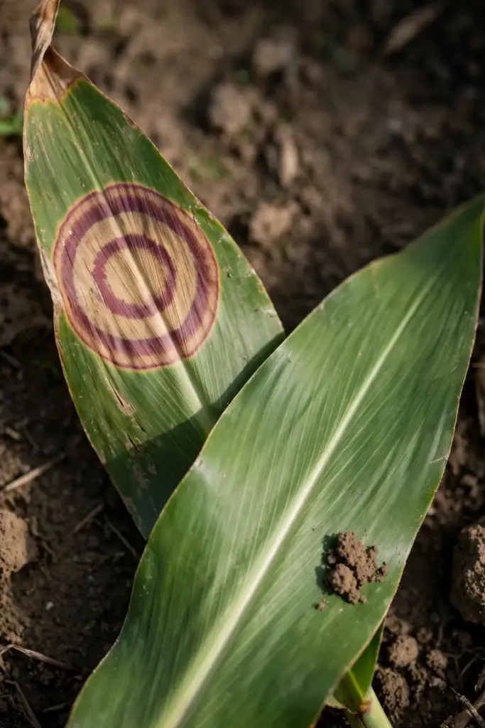 Sound sorghum leaf beside a leaf with one large banded lesion.
