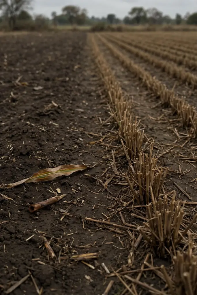 Harvested sorghum field with short stubble rows and a fallen banded leaf.