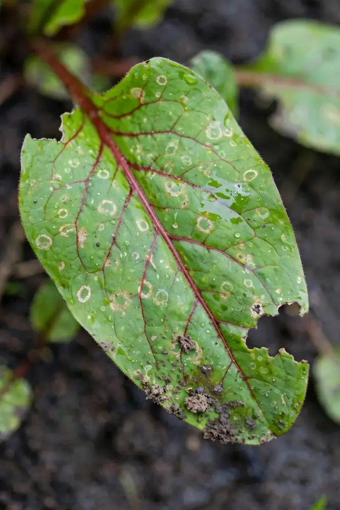 Spade-shaped sorrel leaf with red-veined center and rain spots