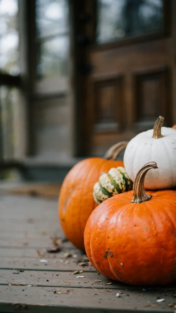 Whole pumpkins with hard unblemished skins arranged on a porch step