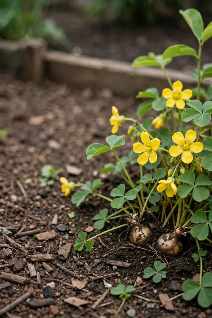 Soursob patch with yellow flowers, trefoil leaves, and bulbs below ground