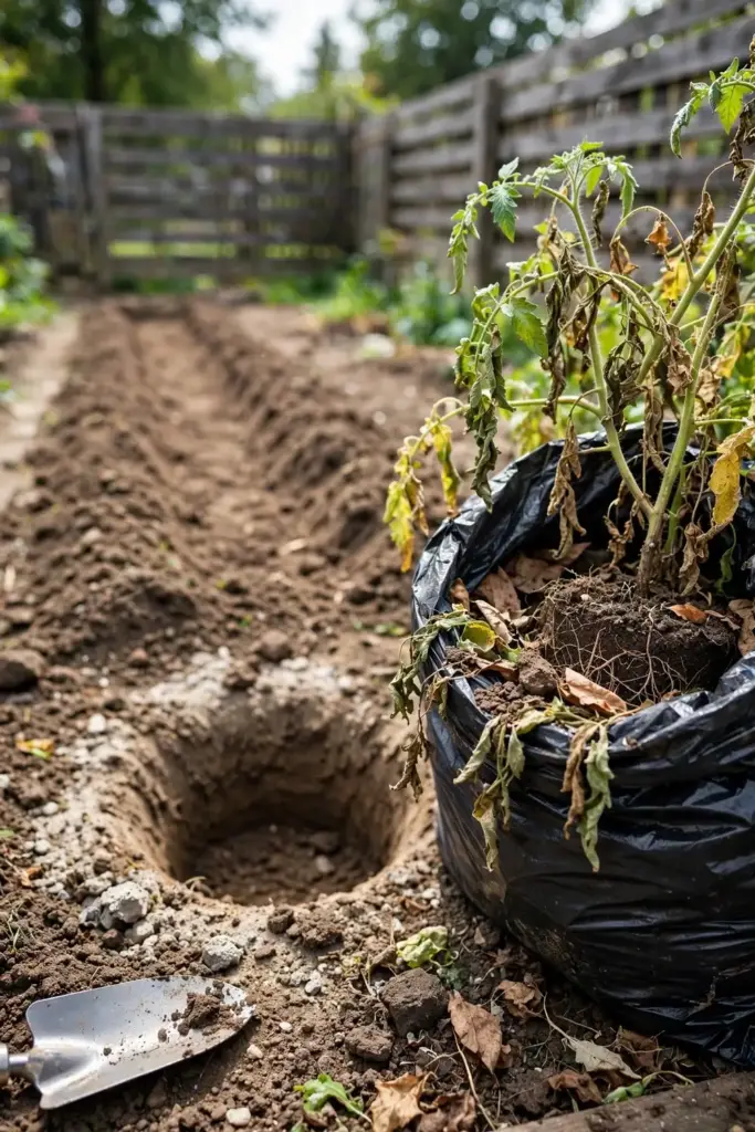 Black garbage bag with pulled tomato plant beside a freshly dug hole