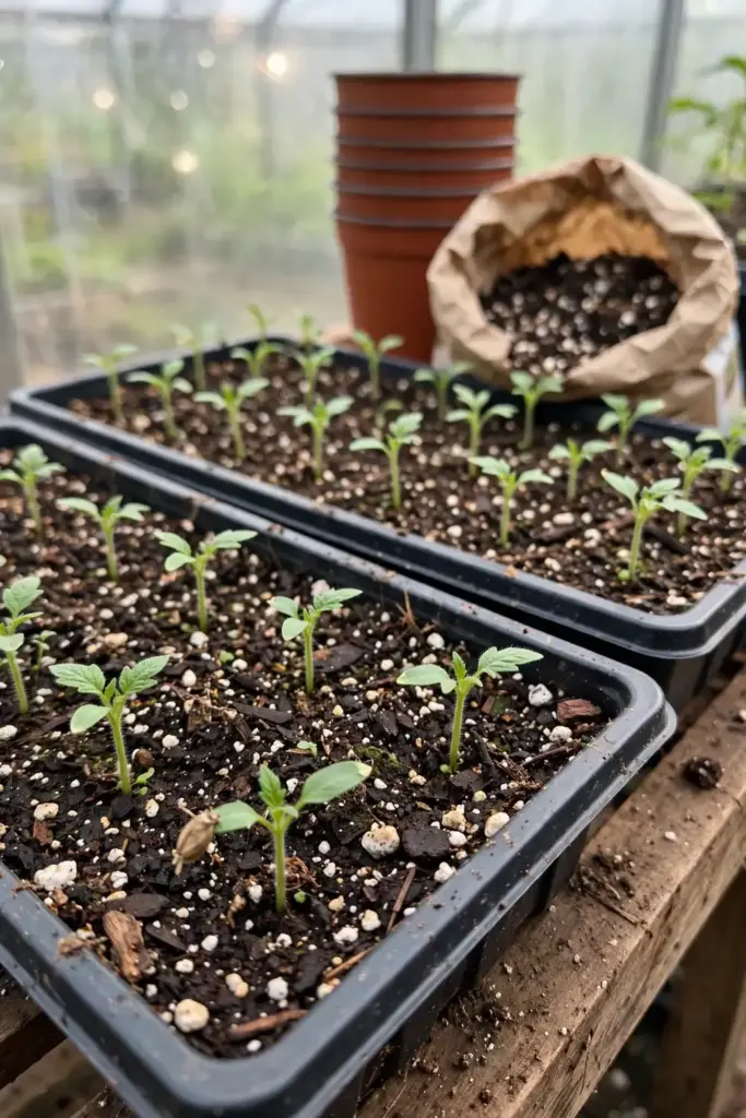 Clean seed trays with vigorous tomato seedlings on a potting bench