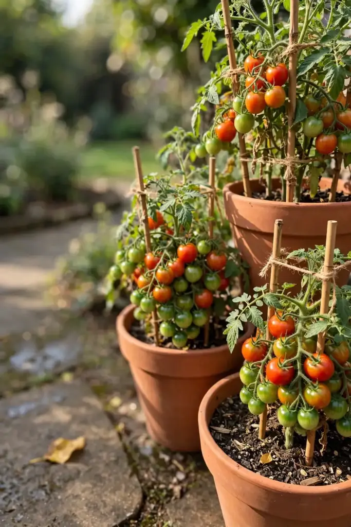 Healthy tomato plants in large containers on a sunny patio