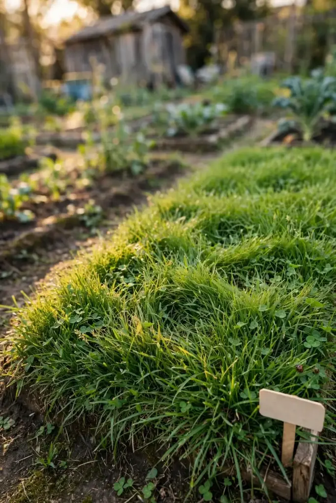 Garden bed resting under a lush green grass cover crop