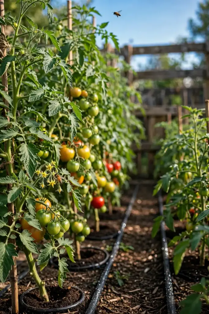 Thriving healthy tomato bed with staked green plants