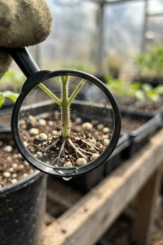 Magnifying glass inspecting a healthy tomato transplant stem base