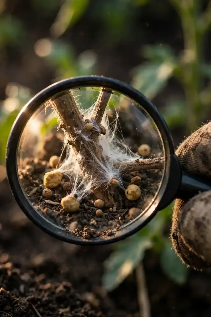 Magnifying glass over a tomato stem base showing white mycelium
