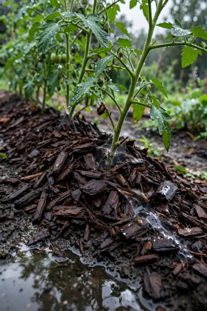 Wood chip mulch piled thick against tomato stems in a wet bed