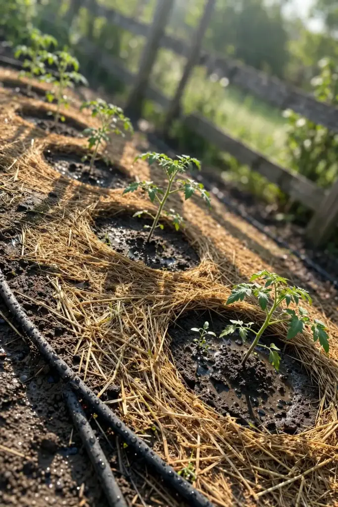 Mulch pulled back from tomato stems with a drip irrigation line