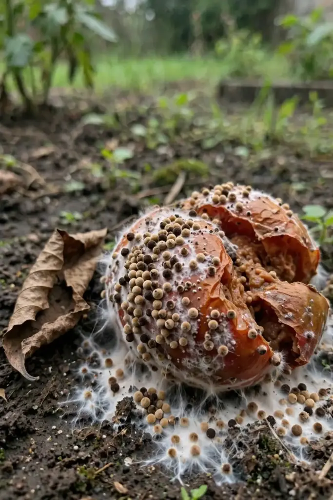 Rotted tomato on soil covered with dense tan sclerotia clusters