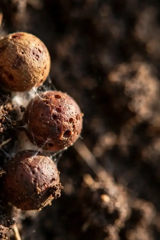 Extreme macro of individual tan to dark brown sclerotia survival capsules