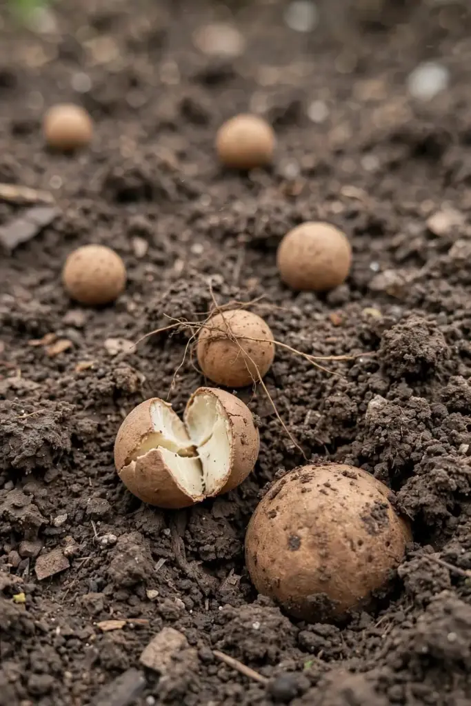 Tan sclerotia scattered in dark garden soil close-up