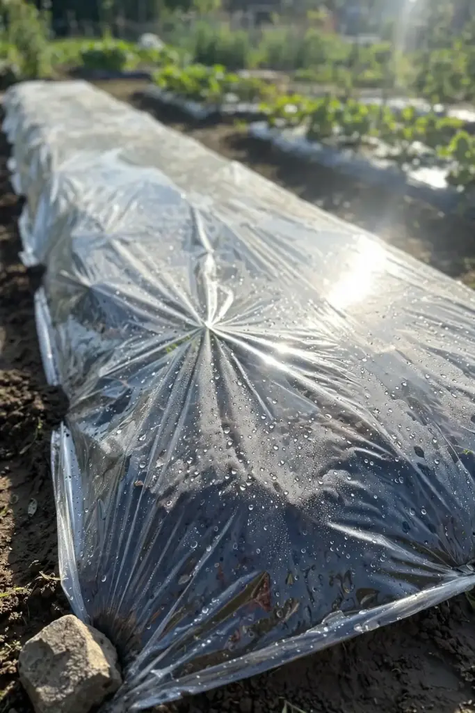 Garden bed covered with clear plastic sheeting for soil solarization
