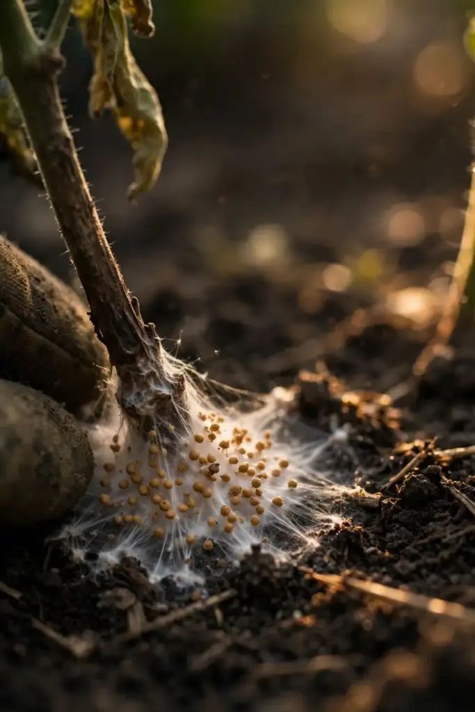 Worn garden mitt steadying a tomato stem showing white mycelium at the soil line