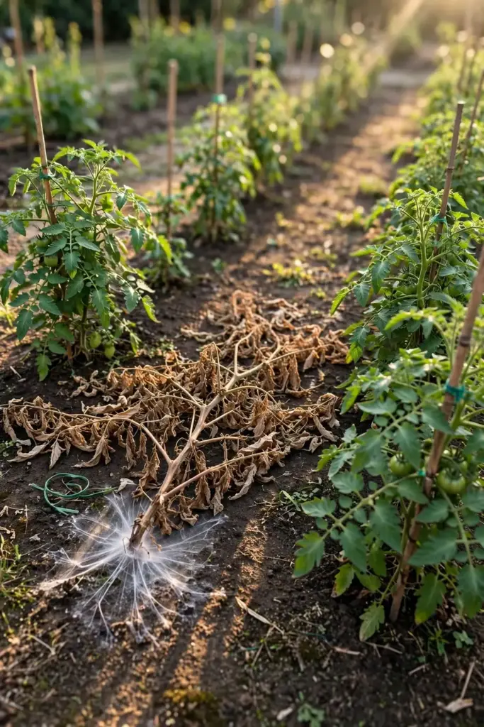 Single collapsed wilted tomato plant among healthy green neighbors
