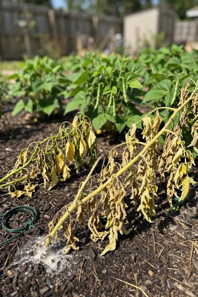 Vegetable bed with wilted collapsed tomato and pepper plants
