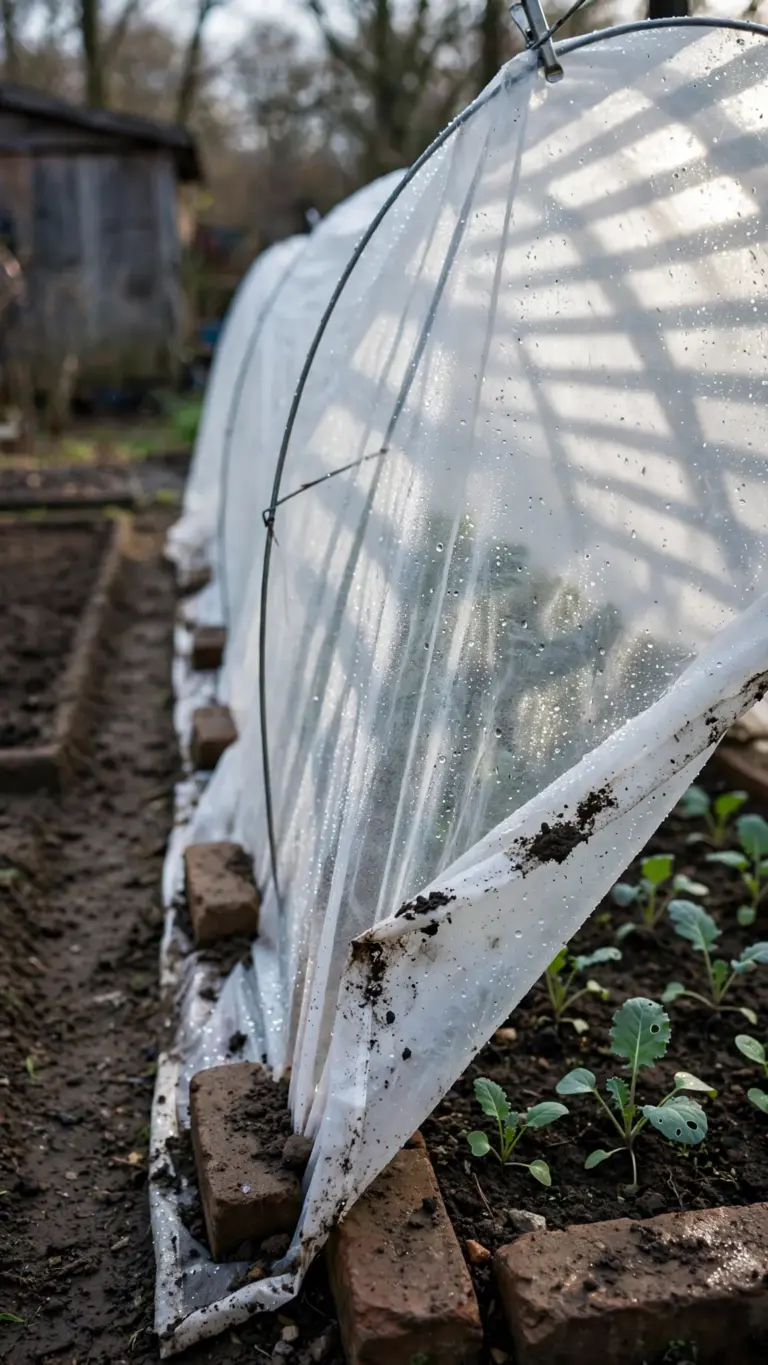 Row cover on wire hoops pinned with bricks over young cool-season greens