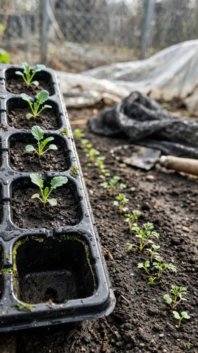 Seed tray of brassica seedlings beside a direct-sown row