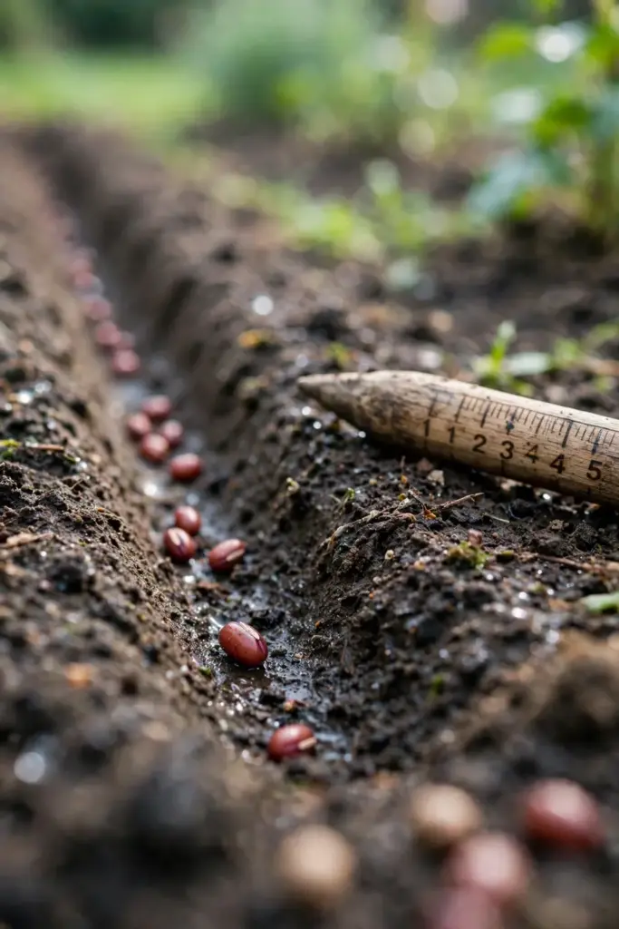 Adzuki bean seed pressed into soil at sowing depth with a dibber