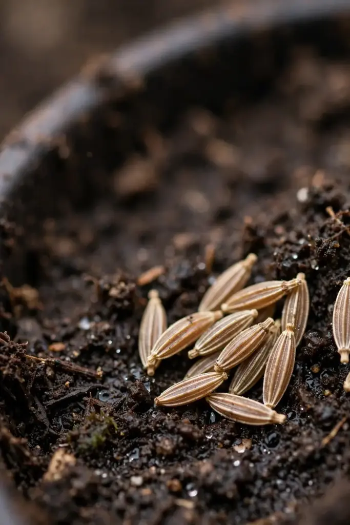 Cumin seeds sown a quarter inch deep in moist potting mix