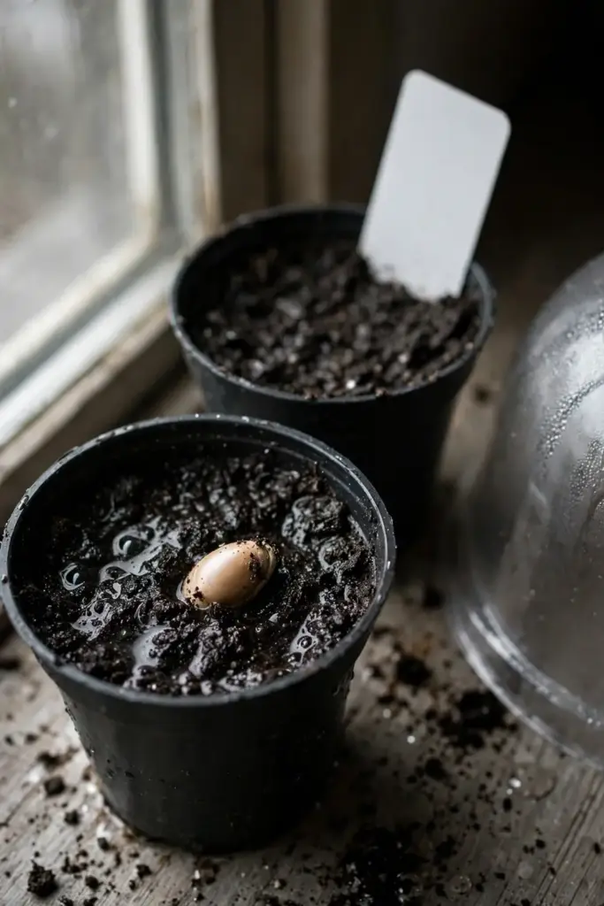 Small pots of moist mix with a pomelo seed half-buried, humidity dome nearby