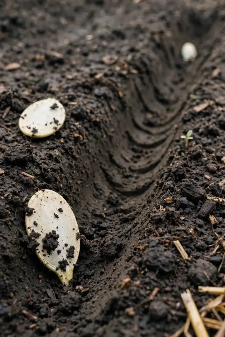 Zucchini seeds pressed into dark crumbly soil in a garden bed row