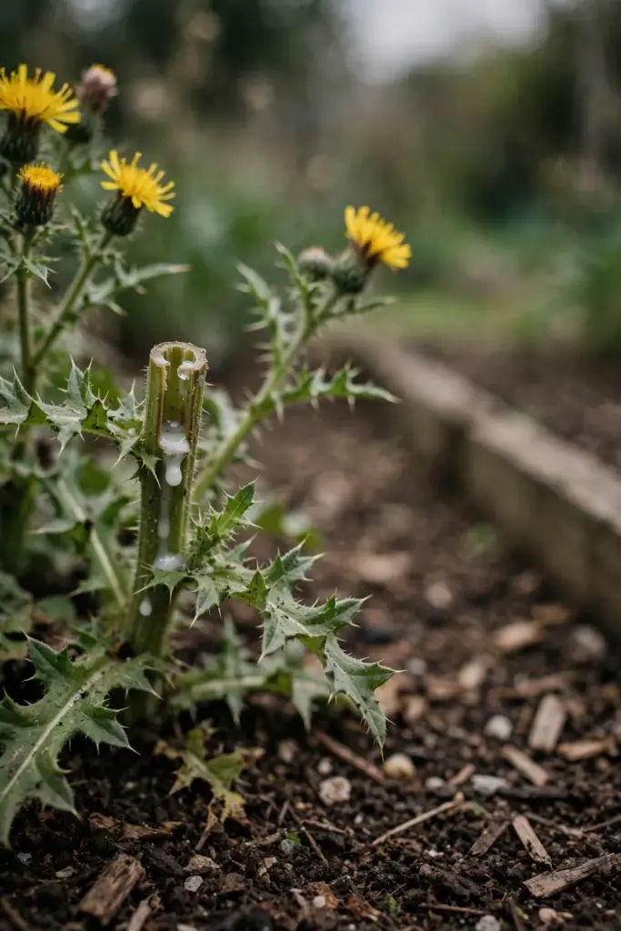 Sowthistle stem with milky sap and yellow flowers beside prickly-toothed leaves