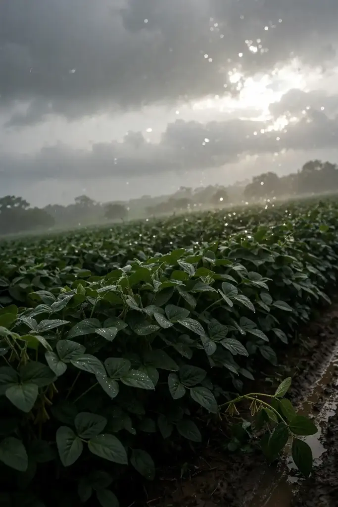 Soybean field under a humid late-summer sky with heat haze