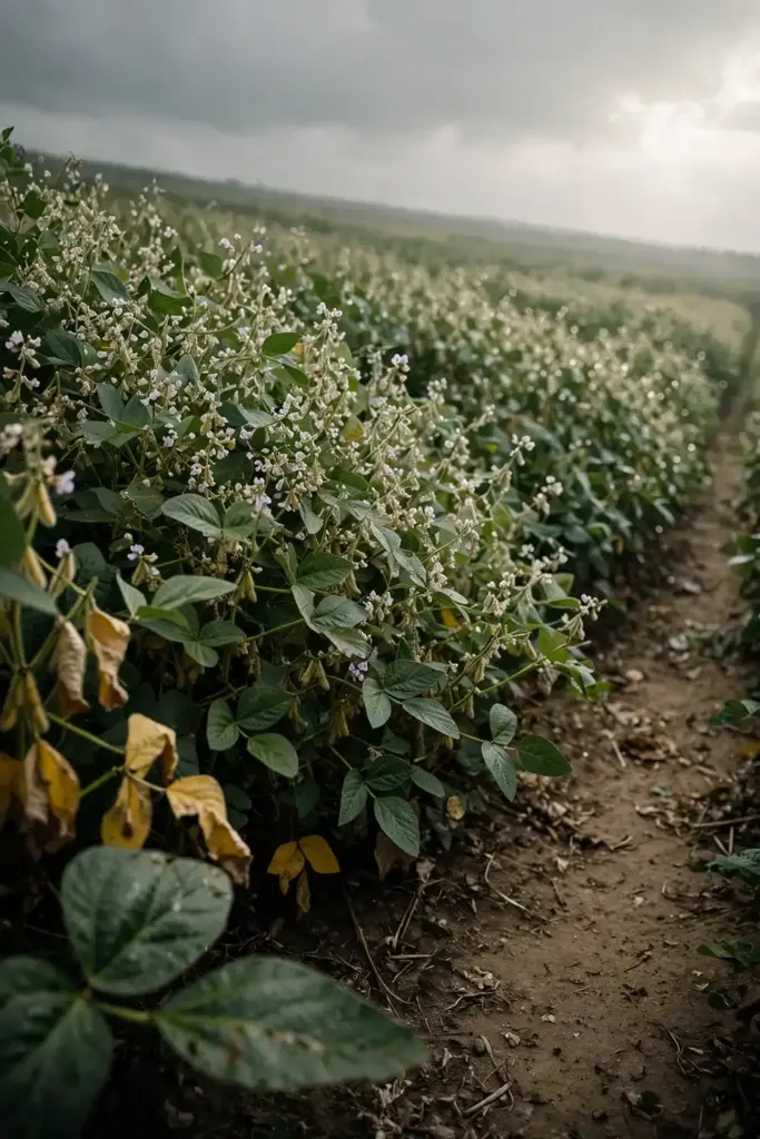 Flowering soybean rows under a hazy late-summer sky