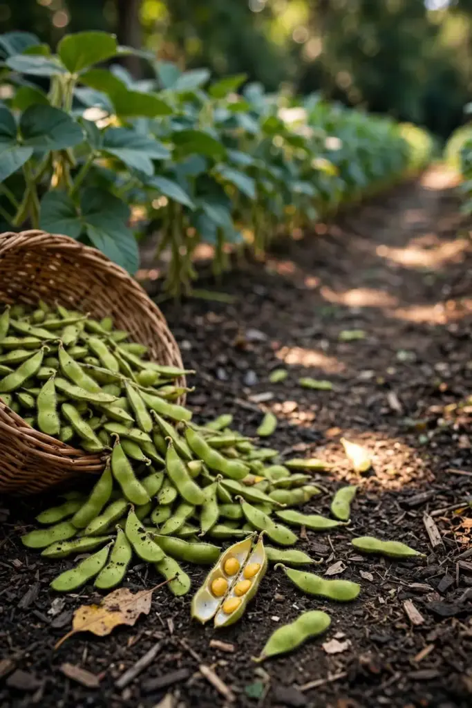 Basket of freshly picked soybean pods at the end of a garden row