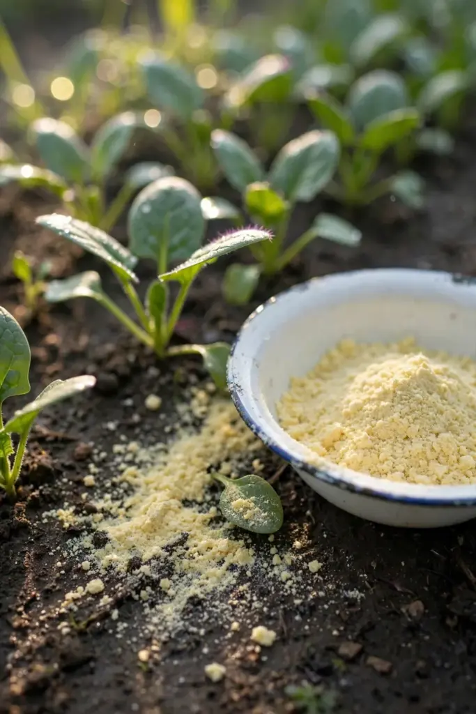 Pale yellow soybean meal in a bowl beside spinach seedlings