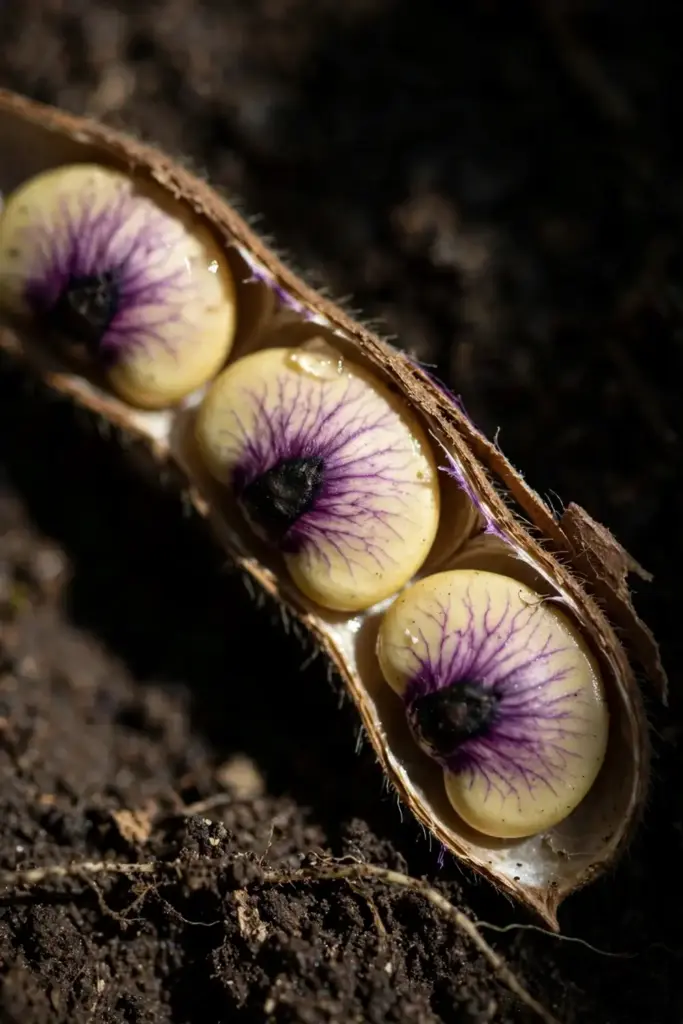 Split soybean pod showing purple stain spreading from the seed hilum