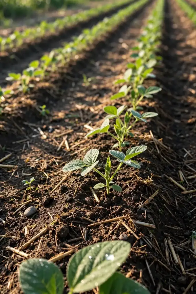 Young healthy soybean stand with incorporated crop residue between rows