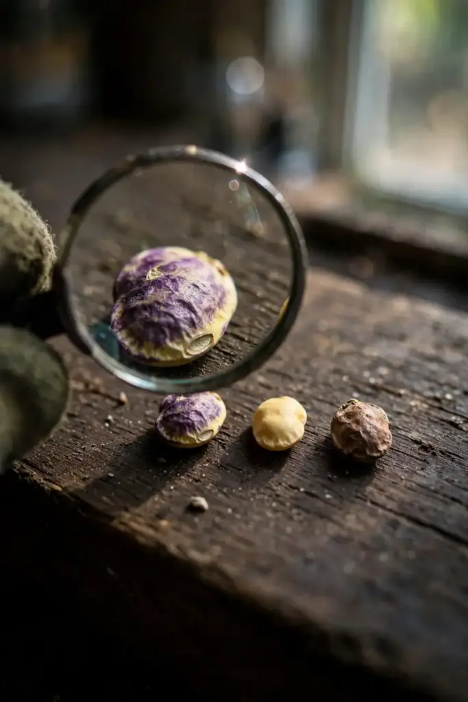 Magnifying glass comparing purple-stained, clean, and weather-damaged soybean seeds
