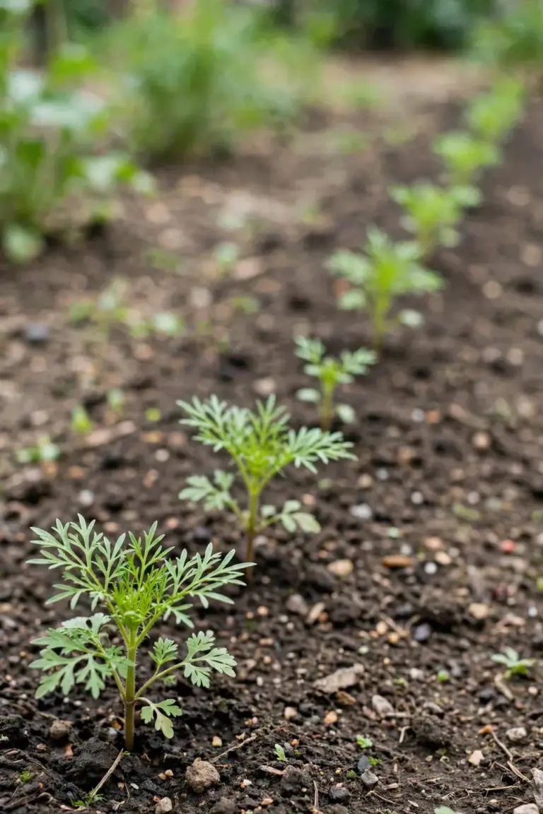 Young cosmos seedlings evenly spaced in a garden row
