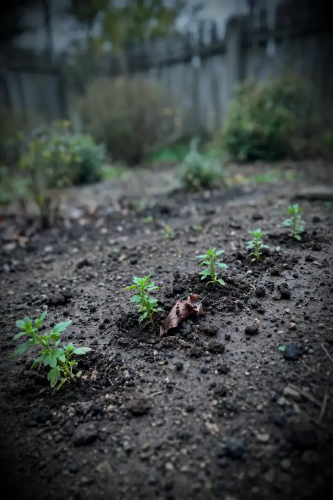 Row of newly planted mums with wide airy spacing between them