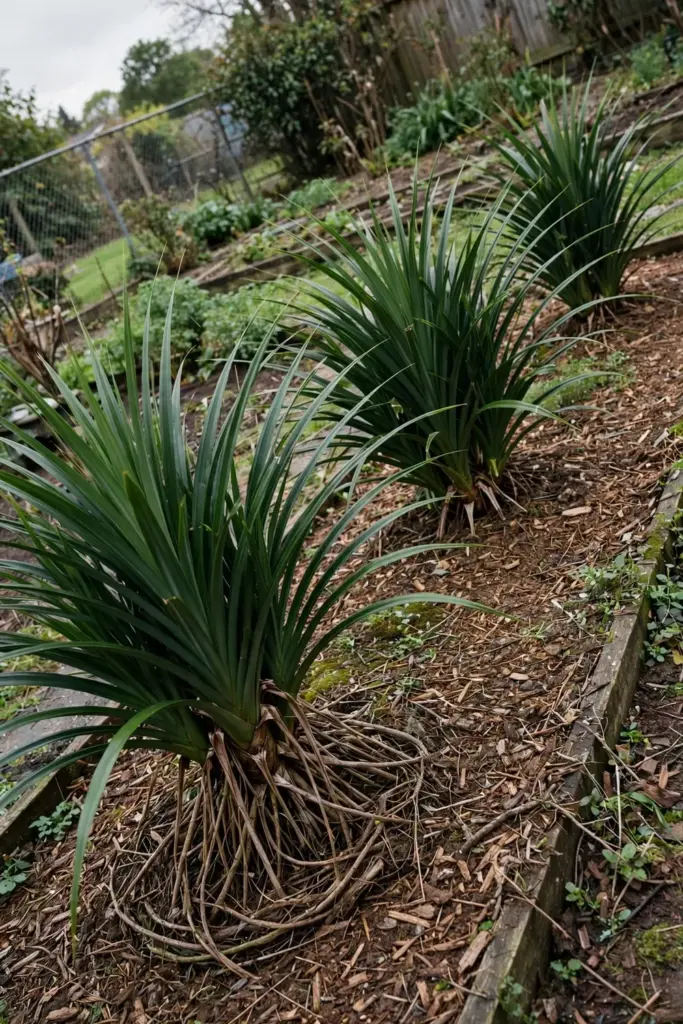 Spaced pandan plants growing in a mulched garden bed