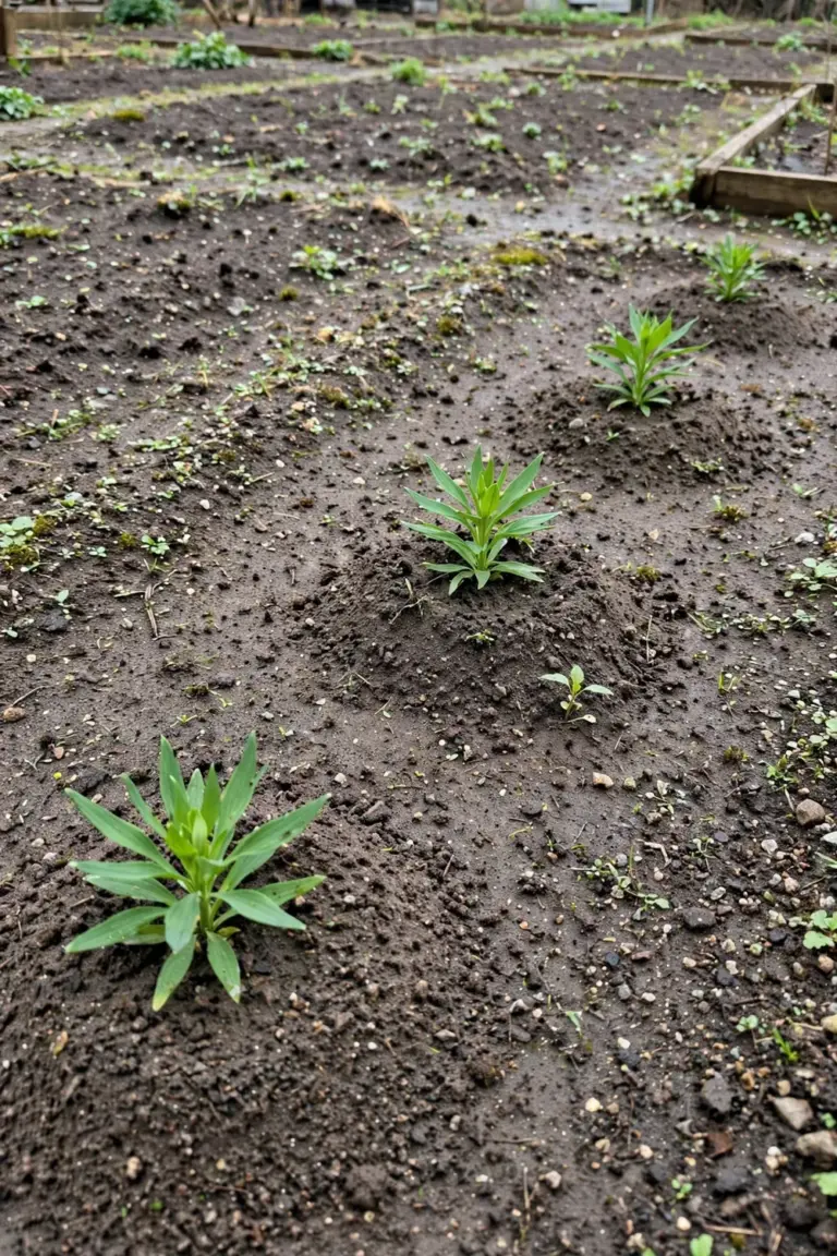 Young alstroemeria plants spaced in a row along a free-draining garden bed