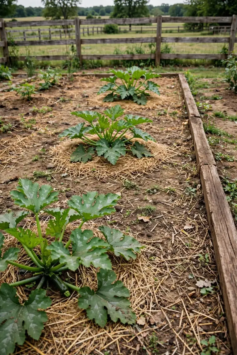 Three zucchini plants spaced wide apart in a mulched vegetable bed