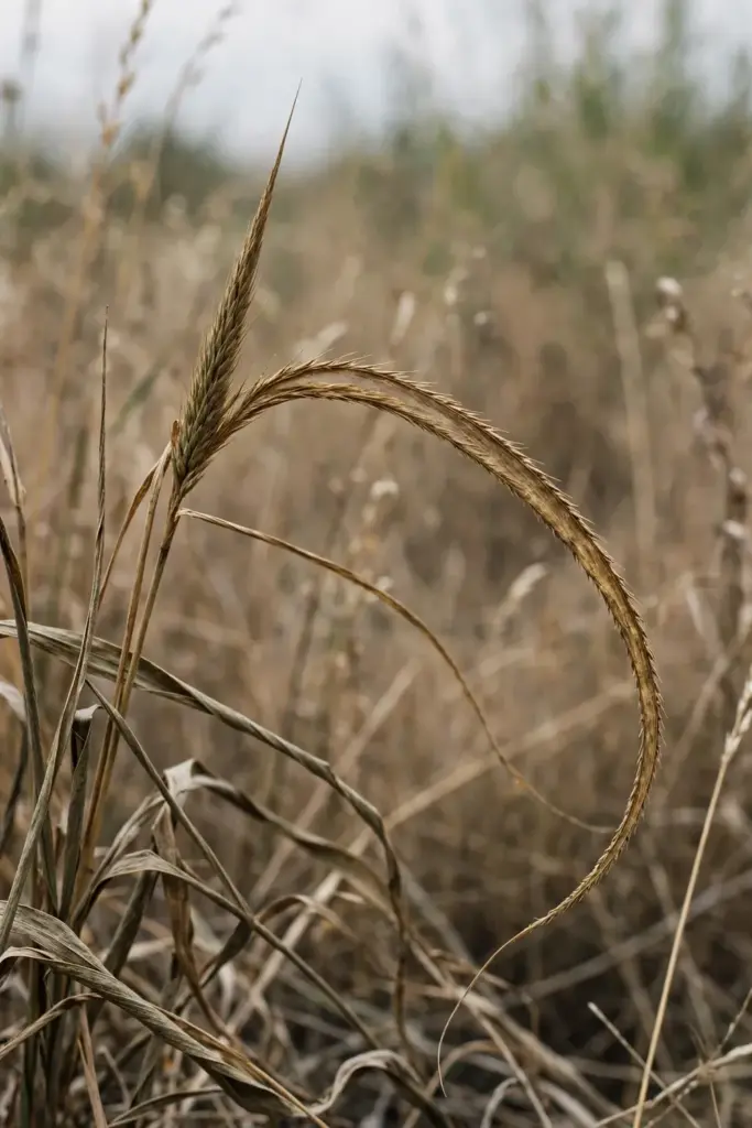 Spear grass seed head with a long bent scythe-shaped awn above fine rolled leaves